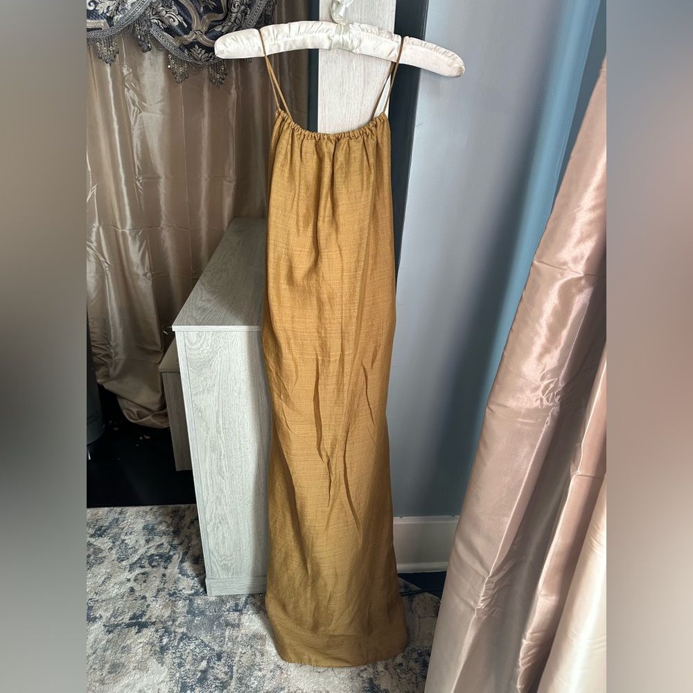 Elegant Banana Republic Mustard Maxi Dress with lace, back detail, and pockets!